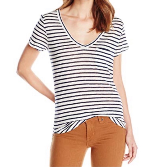PAIGE Size Large Tee Gray & White Striped V-Neck Short Sleeve T-Shirt M17 - Picture 1 of 7